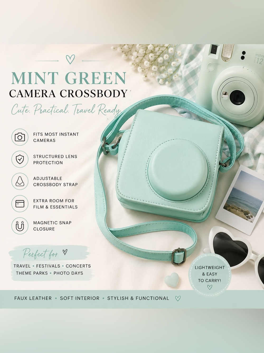Mint Green Instant Camera Crossbody Case Bag Travel Festival Y2K Cute